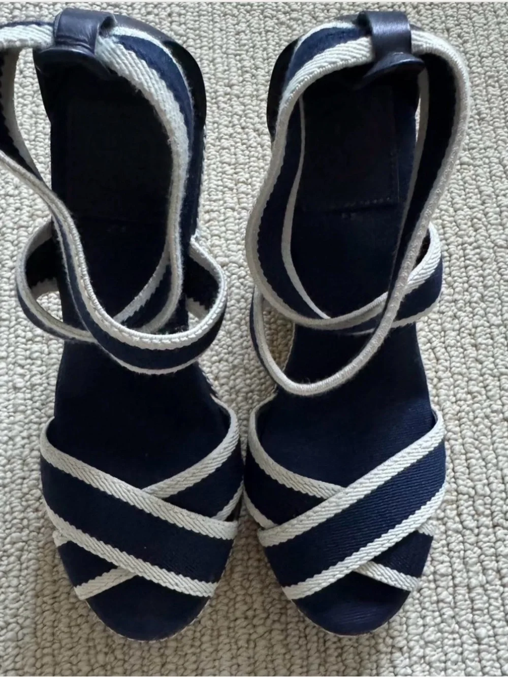 Tory Burch Navy and White Espadrille Wrap Wedge Sandals